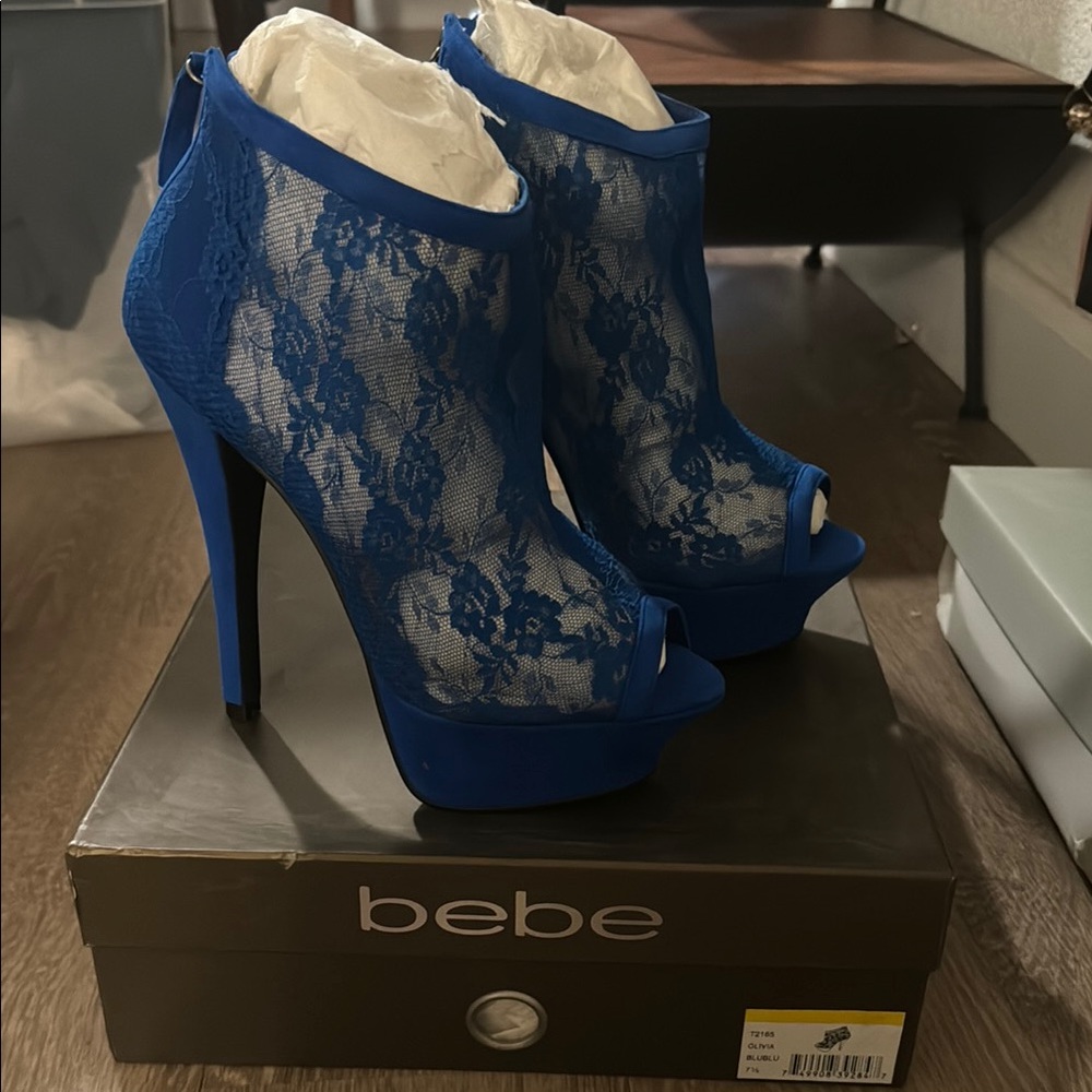 Bebe Blue Lace Peep Toe Heels